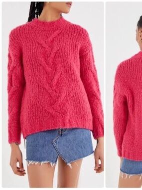 Urban Outfitters Hot Pink Cable Knit Crewneck Sweater